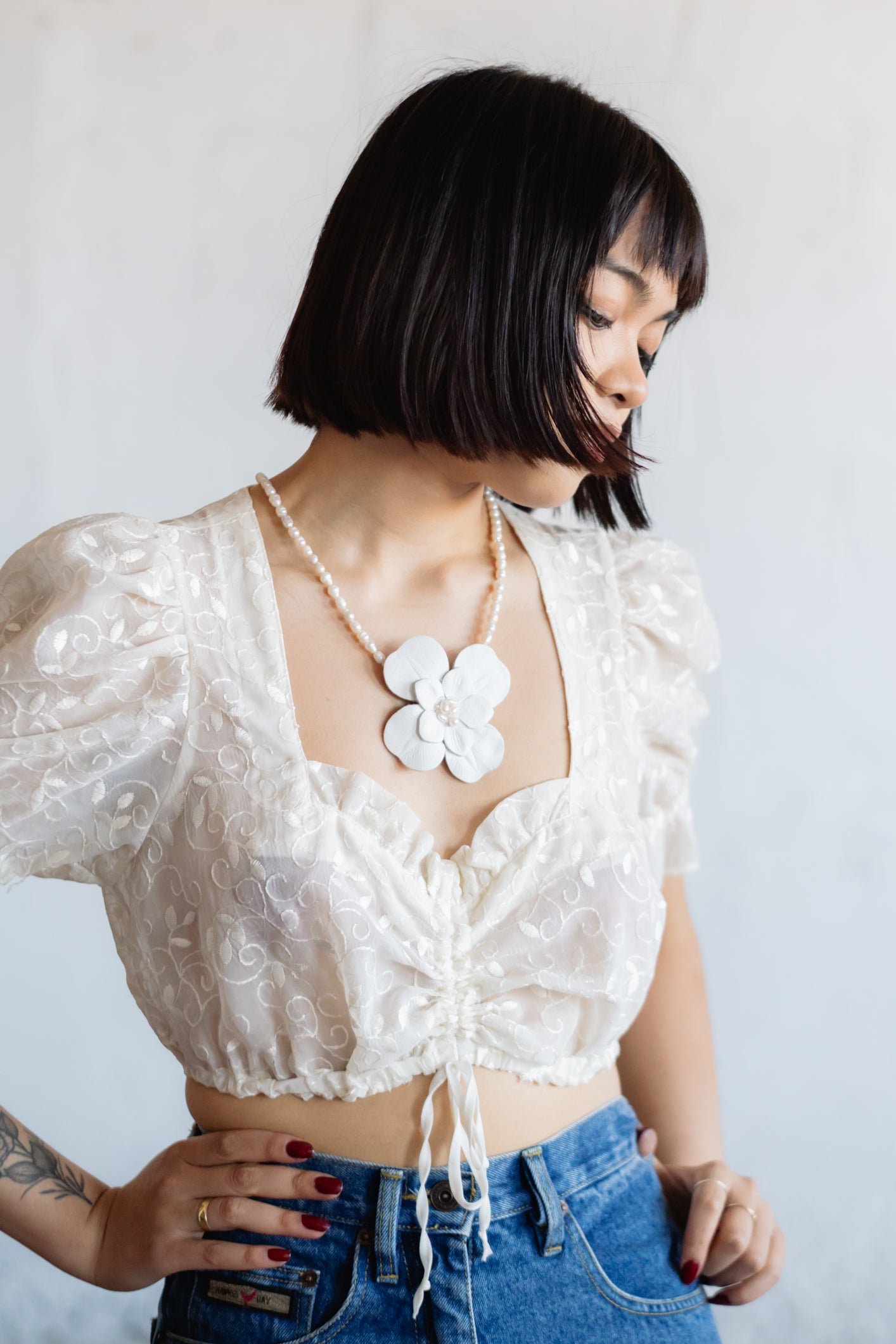 Vintage Lace Cropped Tie Top in Cream
