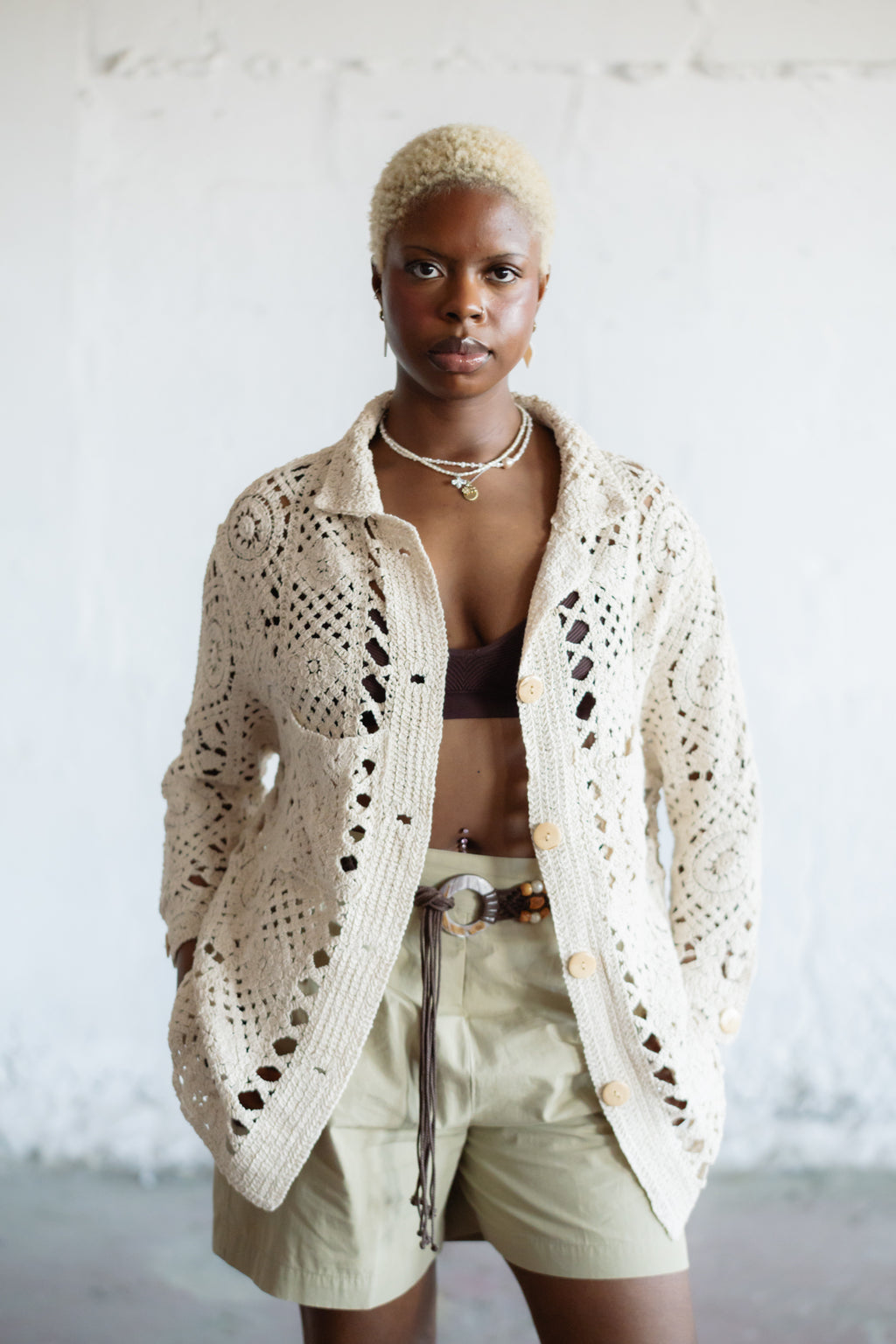 Hand-Crochet Knit Cardigan in Cream