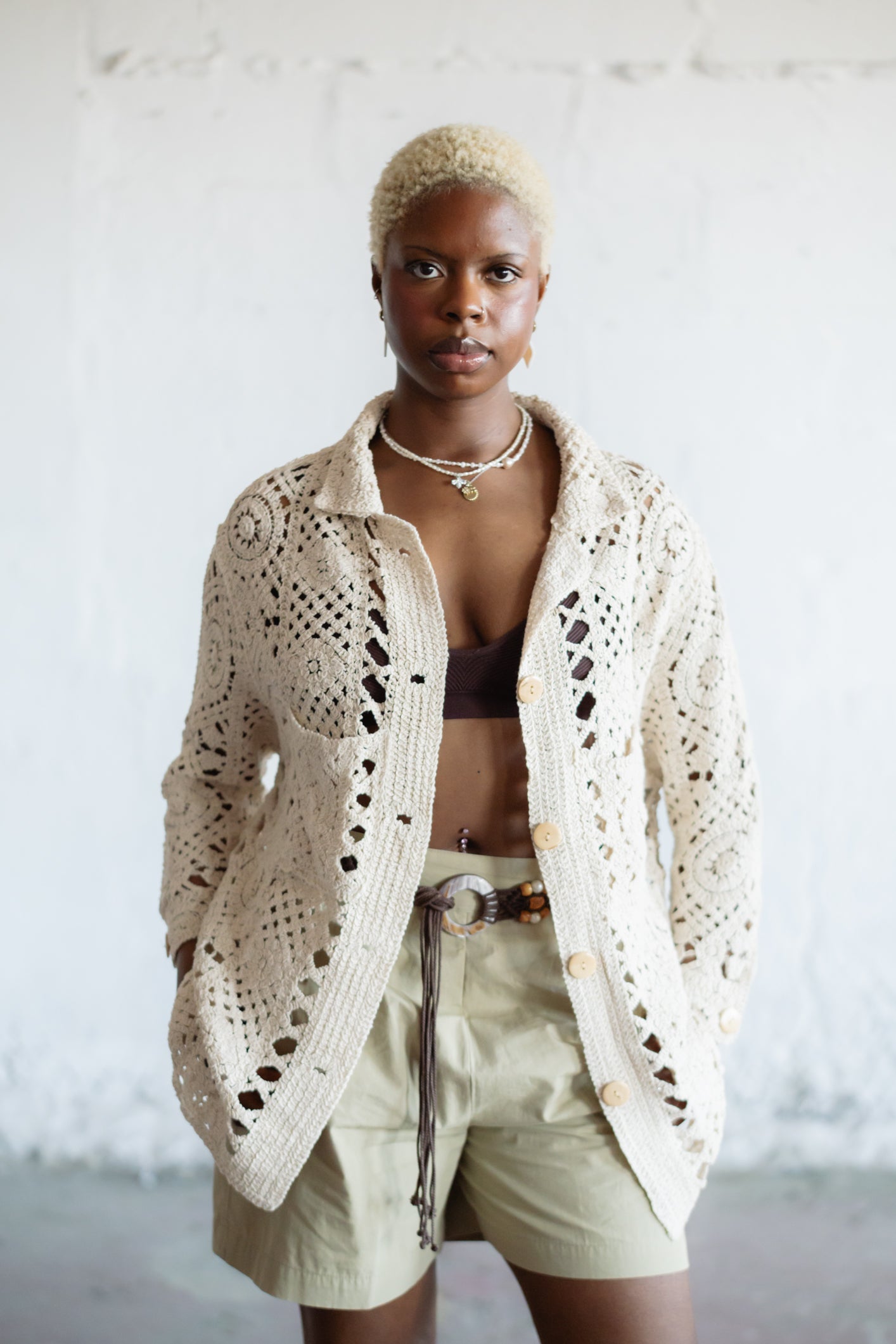 Hand-Crochet Knit Cardigan in Cream