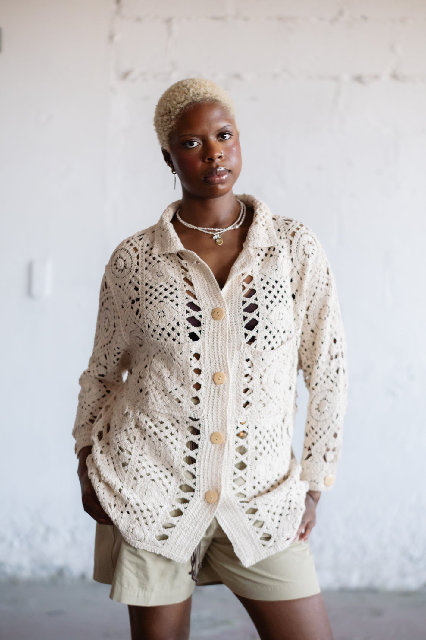 Hand-Crochet Knit Cardigan in Cream
