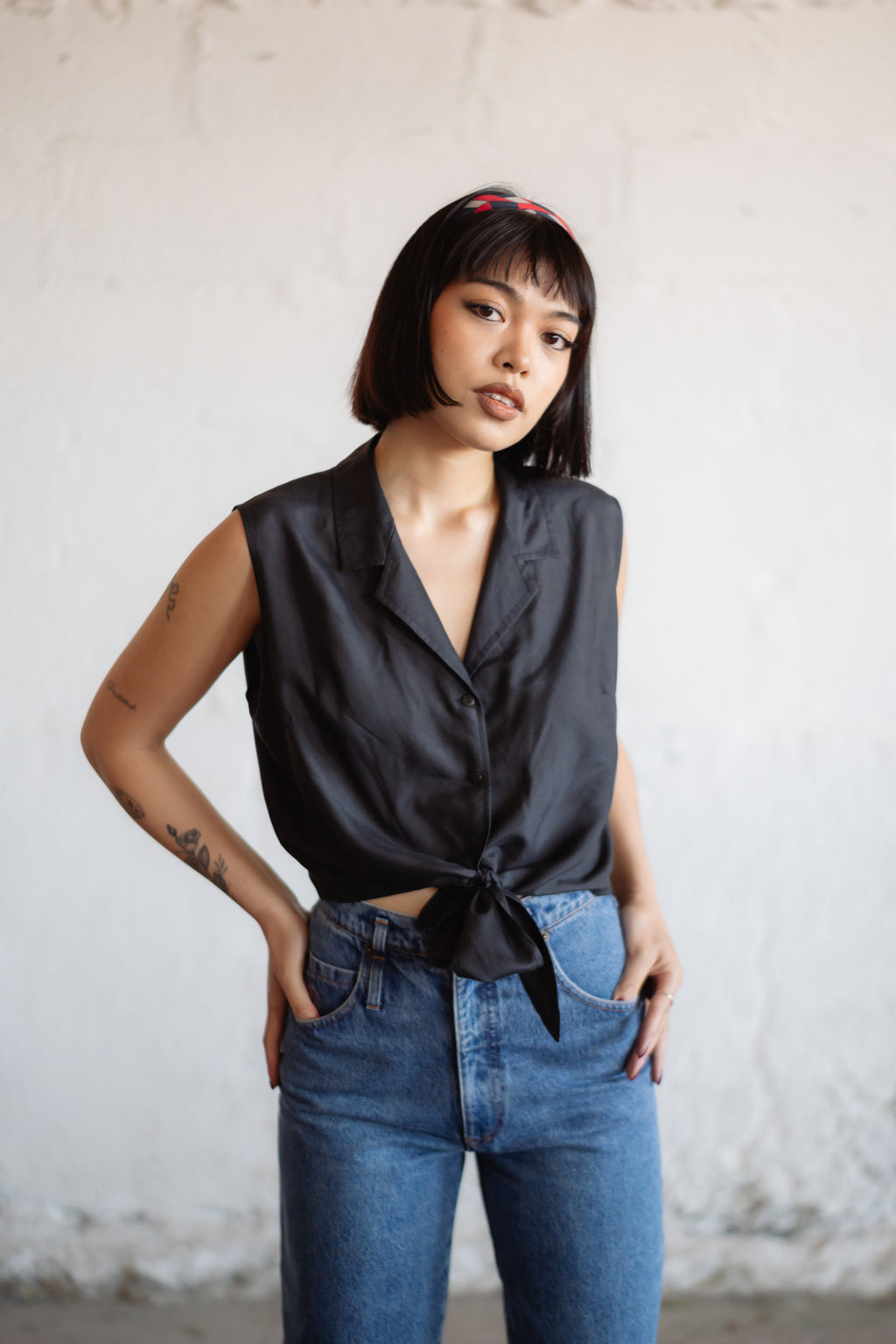 Pure Silk Sleeveless Tie Blouse