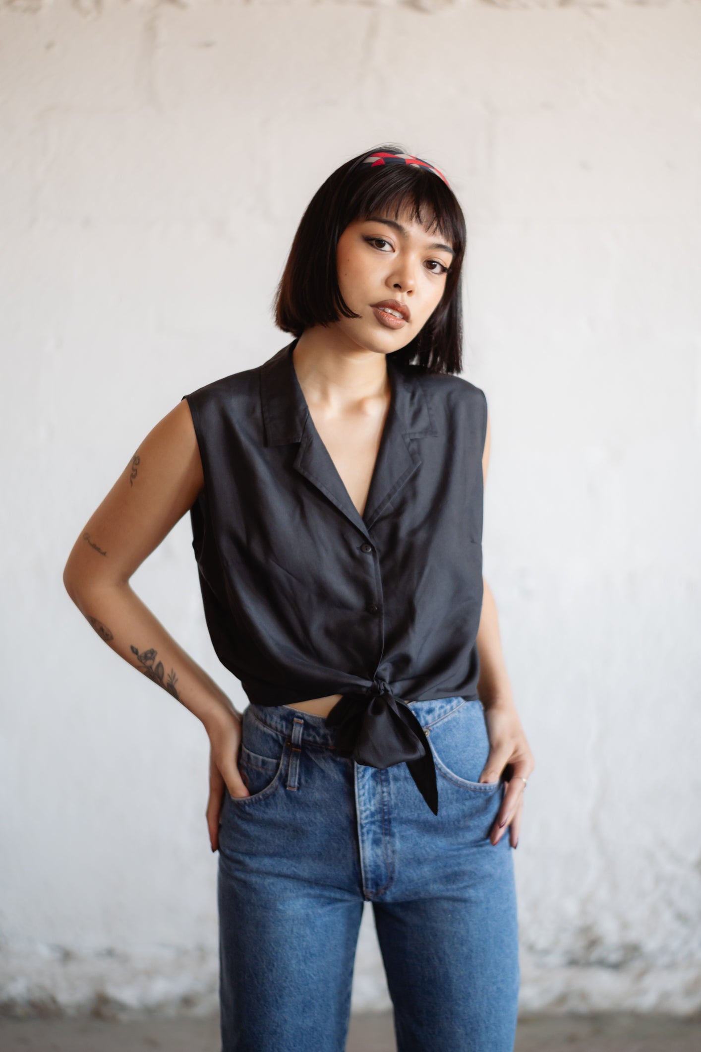 Pure Silk Sleeveless Tie Blouse
