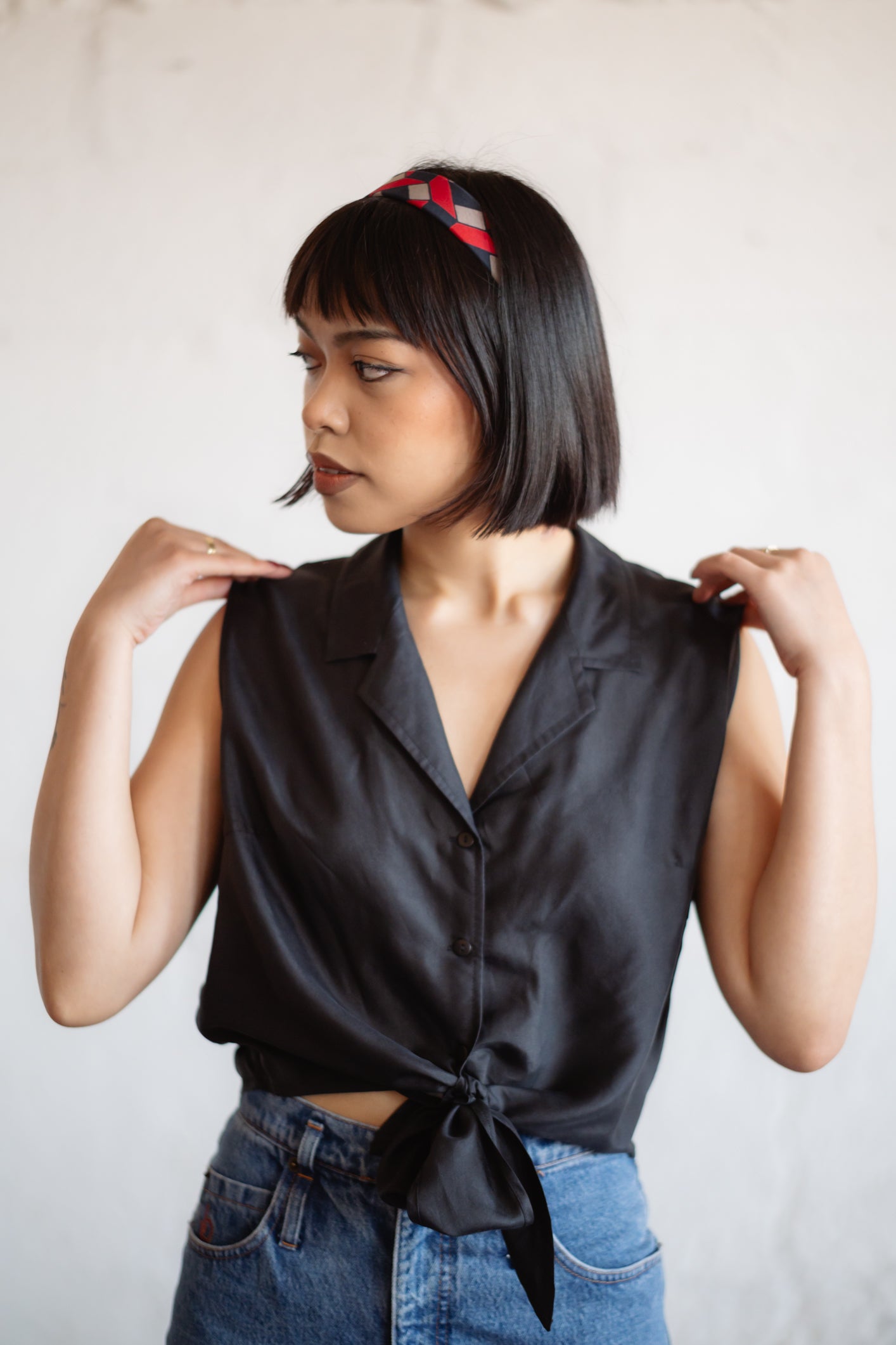 Pure Silk Sleeveless Tie Blouse