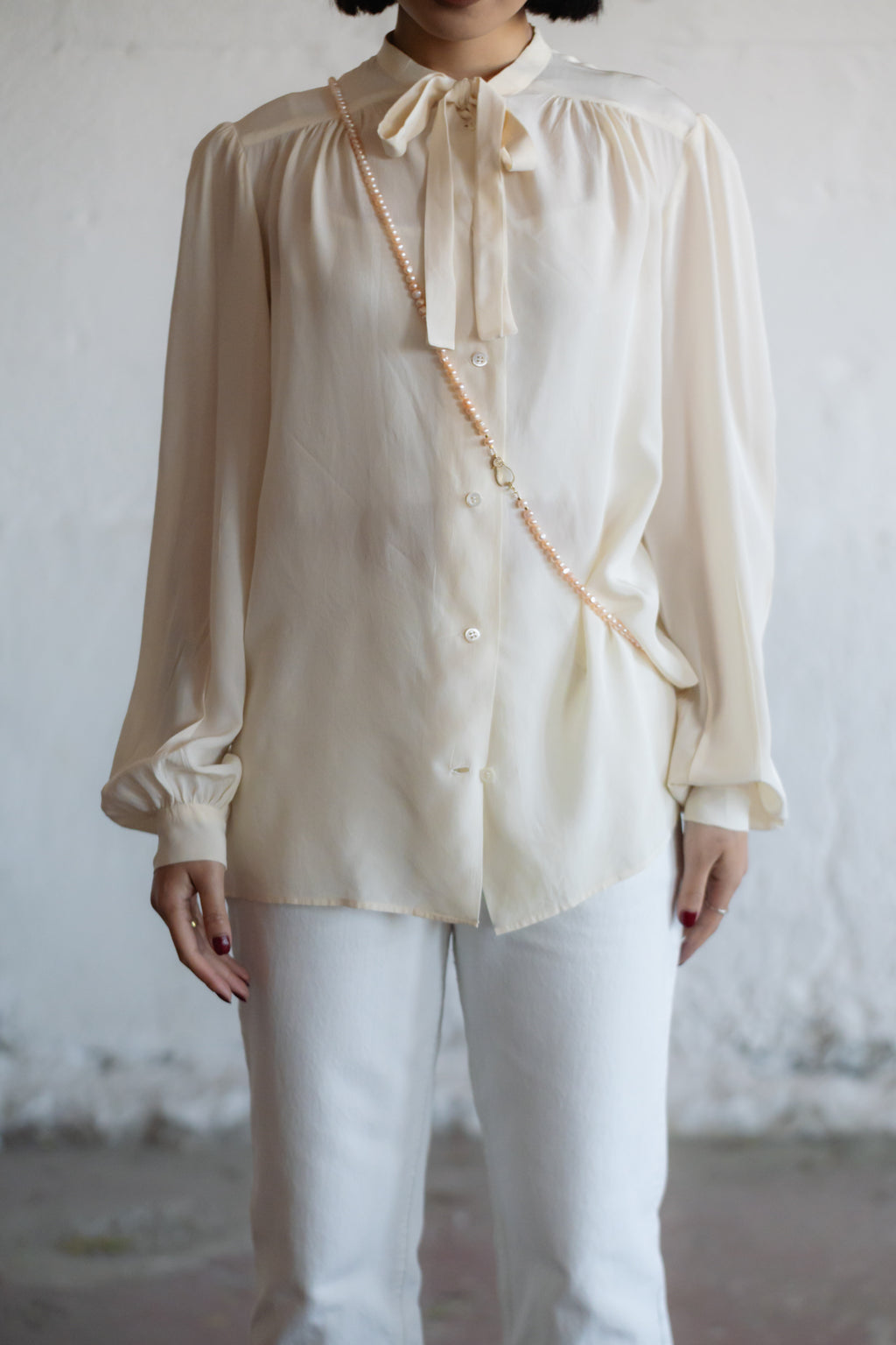 Cream Silk Tie-Neck Blouse
