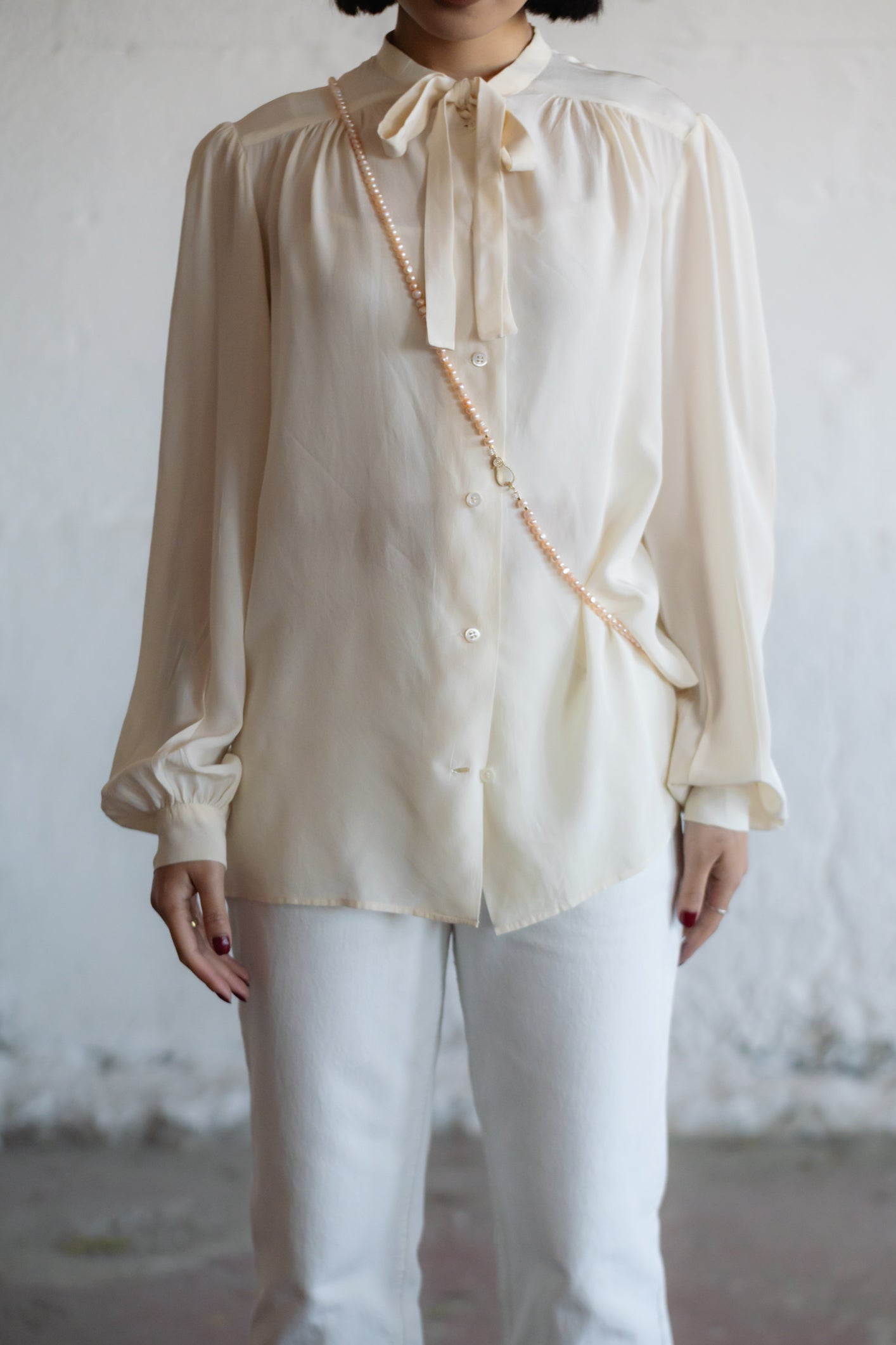 Cream Silk Tie-Neck Blouse