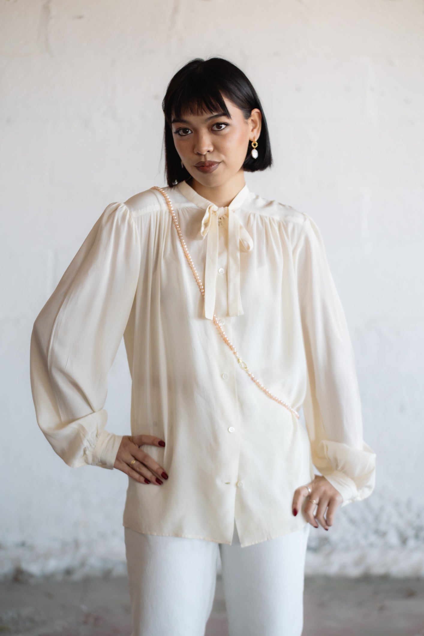 Cream Silk Tie-Neck Blouse