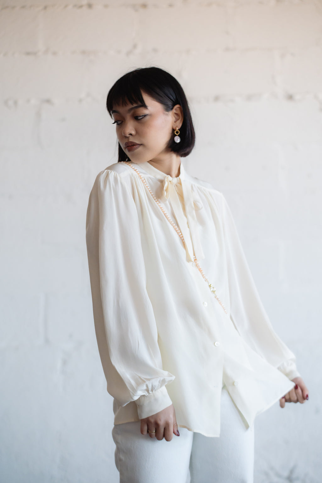 Cream Silk Tie-Neck Blouse
