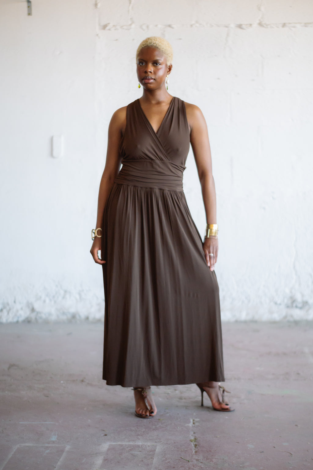Max Mara Studio Draped Maxi Dress in Chocolate Brown