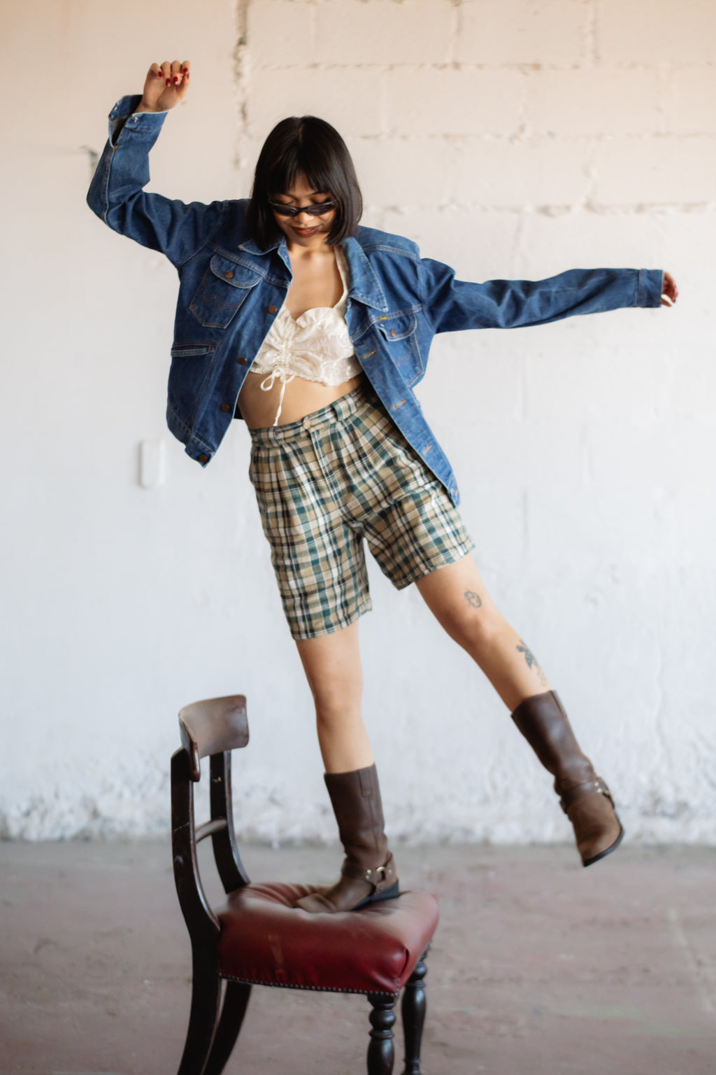 Plaid Check Shorts in Green & Beige